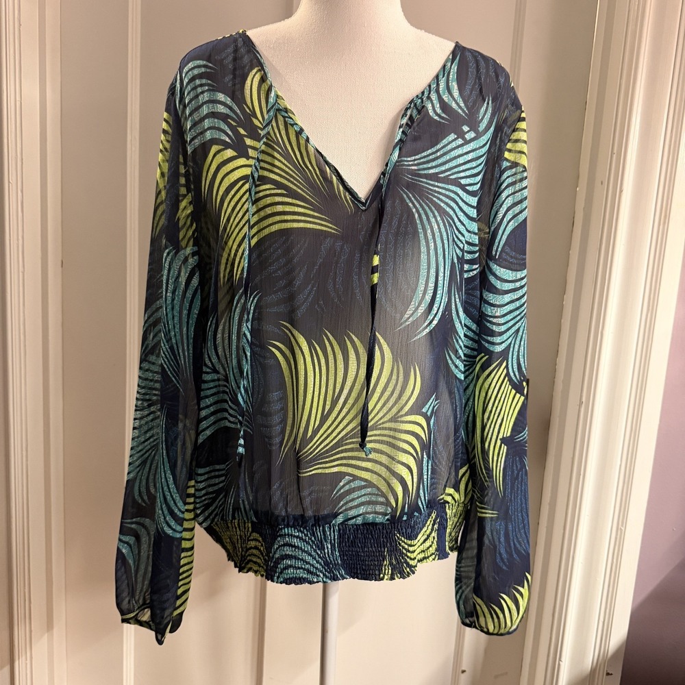 H&M Semi-sheer Peasant Blouse with smocked elastic Tropical Print Sz 10